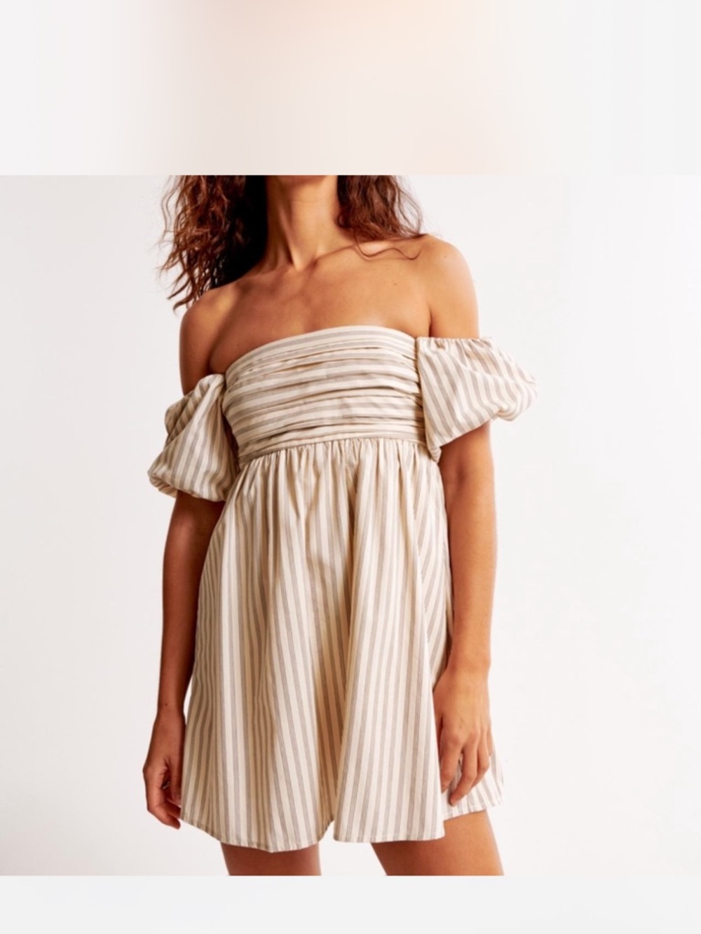 Abercrombie & Fitch Beige and White Striped Off-Shoulder Mini Dress